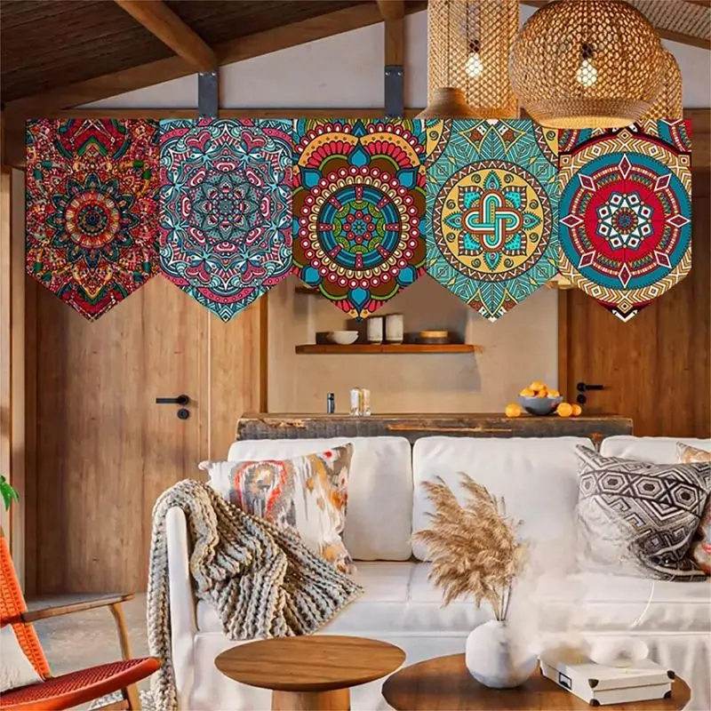 VIKAMA Boho Mandala Triangle Bunting Garland Pennant Hanging Flag Curtain for Living Room Ceiling Window & Wall Decor
