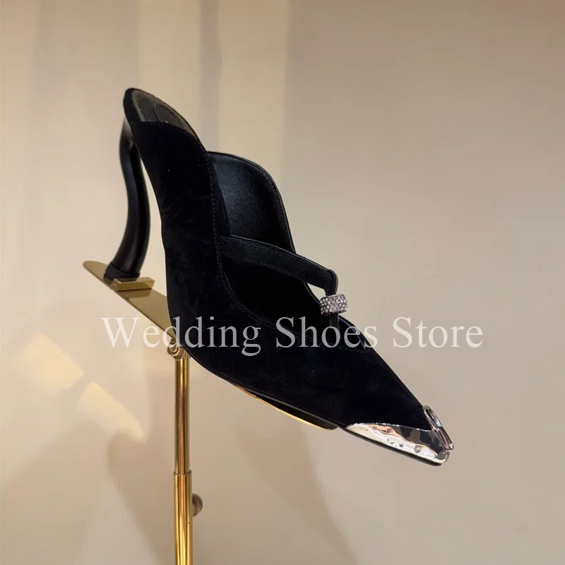 

Странный стиль, подиумный вид, туфли на высоком каблуке, металлические туфли с острым носком и неглубоким носком, женские туфли-лодочки, свадебные тапочки на каблуке 10,5 см