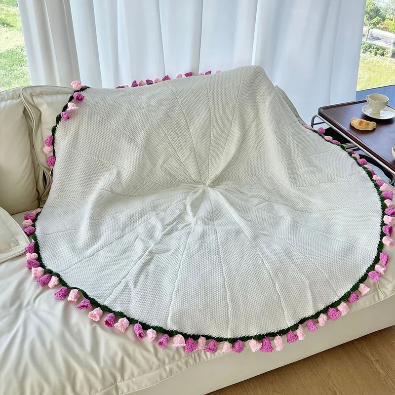 NEW Knitted Rose Blanket Sunflower Bouquet Round Handmade Crochet Towel Sofa Table Cover Female Birthday Gift Decorative Blanket