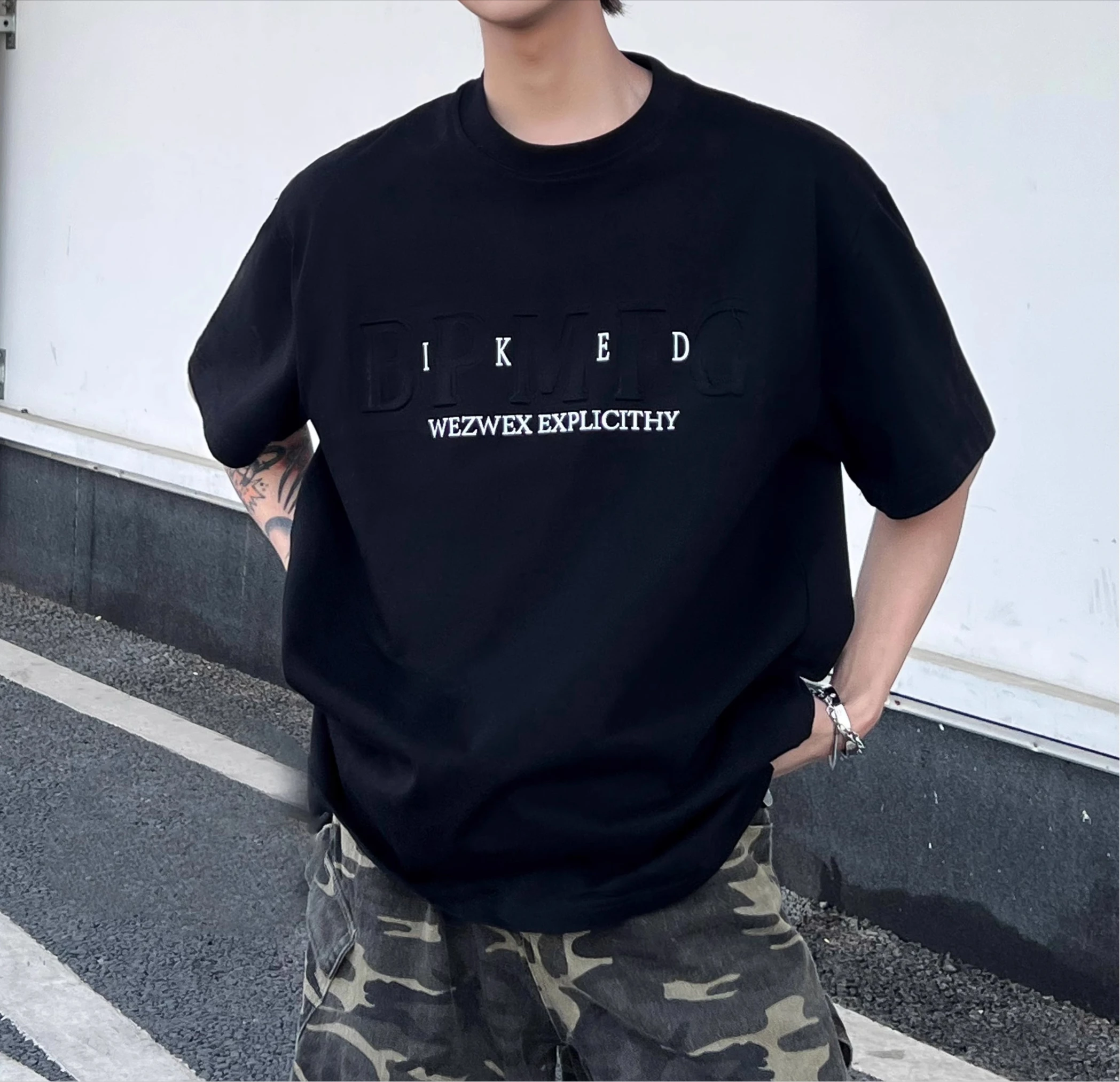 

Motorcycle Simple Letter Print Short-Sleeved Men's Loose High Street Summer Half-Sleeved Couple Style Casual