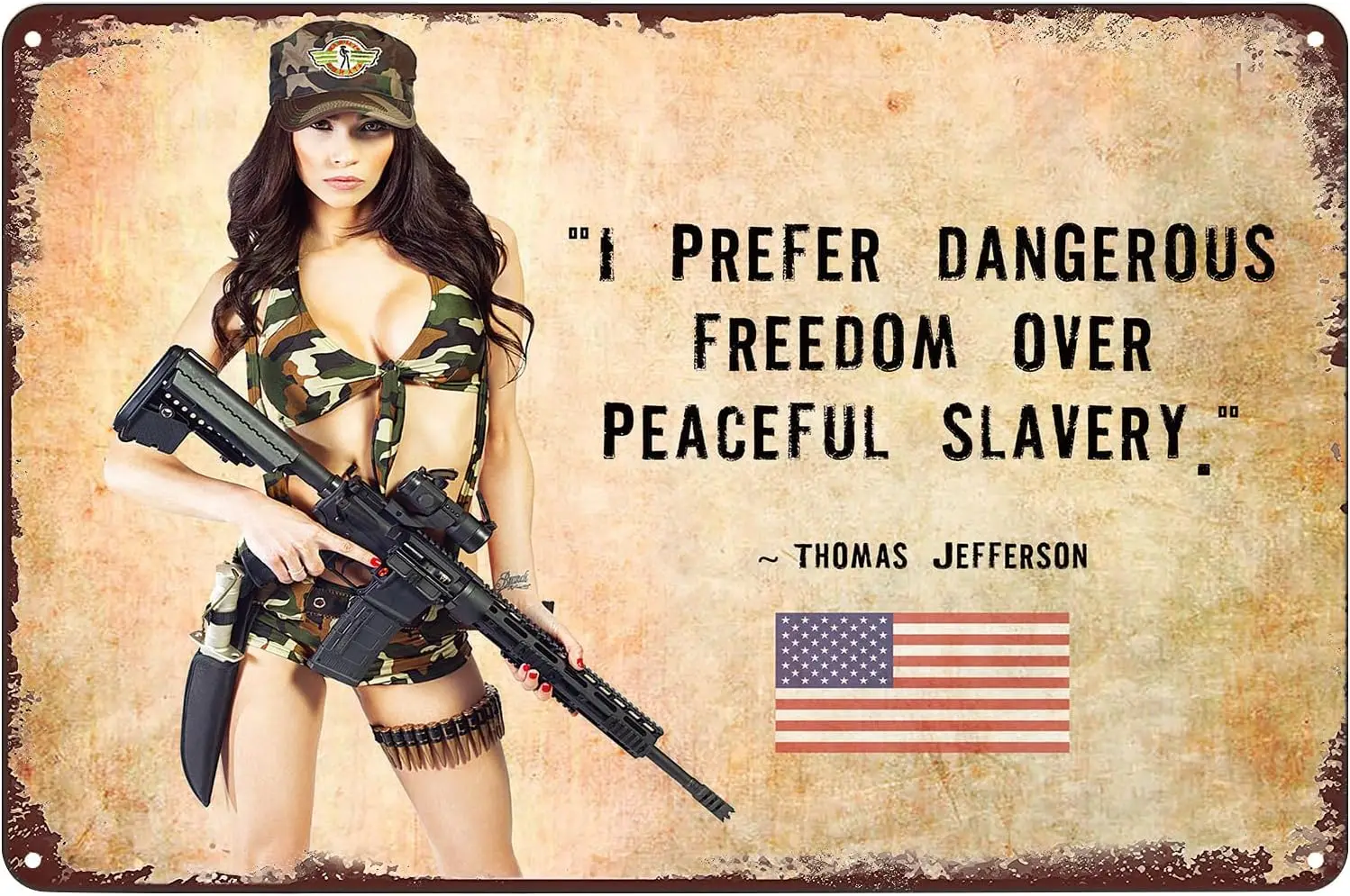 Pinup Girl Rifle Gun Metal Poster Sexy Woman Quote Prefer Dangerous Freedom Over Peaceful Slavery Tin Sign Wall Art Decor P sign