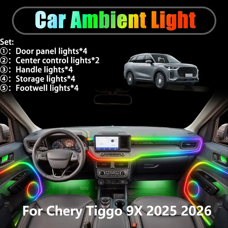 

For Chery Tiggo 9X 2025 2026 Fulwin T9 2/18 in 1 Car ambient lighting Led trunk interior led lights USB RGB Ensemble Streamer