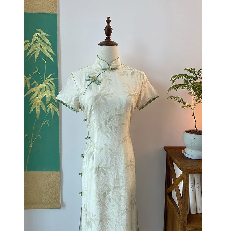 Lady Sexy Chinese Style Dress Long Elegant Qipao Green Bamboo Leaf Print Cheongsam Vintage Mandarin Collar Button Down Qipao