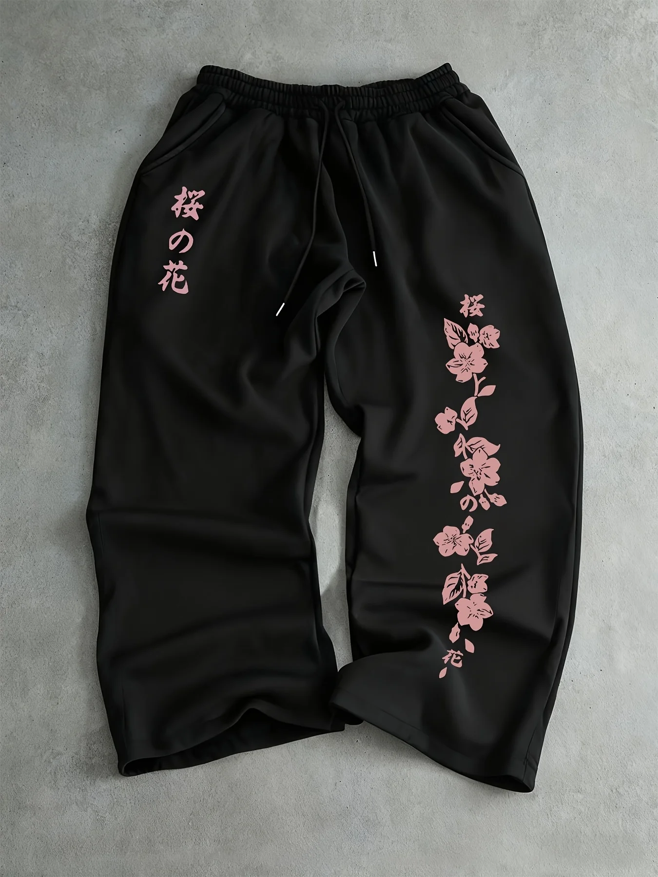 

Men's Japanese Sakura Print Black Jogging Pants, Pink Floral Pattern Wide Leg Sweatpants, Elastic Waist Casual Pants 2025