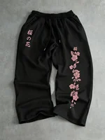Pantalones para correr negros con estampado de Sakura japonés para hombre, pantalones deportivos de pierna ancha con estampado Floral rosa, pantalones casuales con cintura elástica 2025