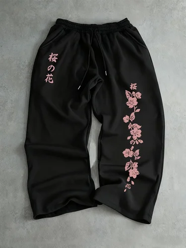 Pantalones para correr negros con estampado de Sakura japonés para hombre, pantalones deportivos de pierna ancha con estampado Floral rosa, pantalones casuales con cintura elástica 2025