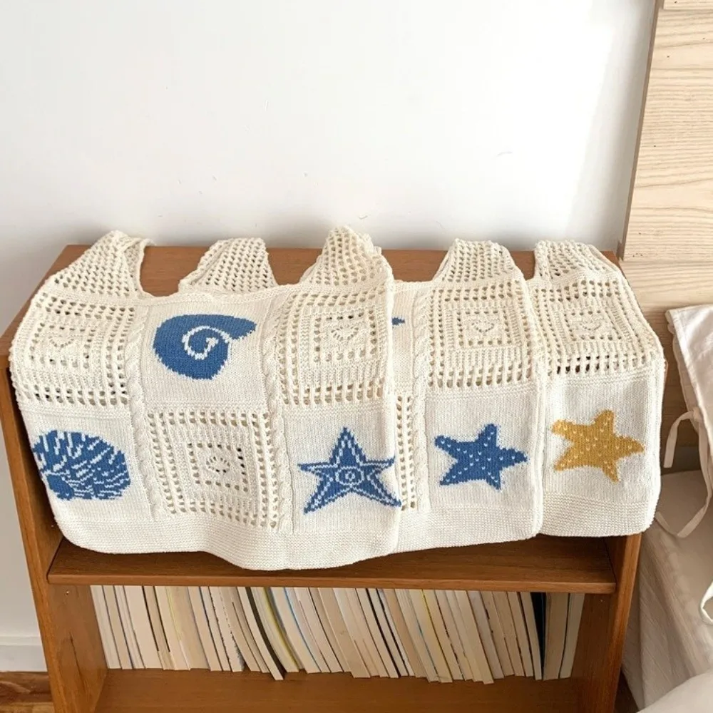 

Fashion Starfish Crochet Tote Bag Shell Solid Color Woven Shoulder Bag Cotton Large Capacity Knitting Handbag Spring
