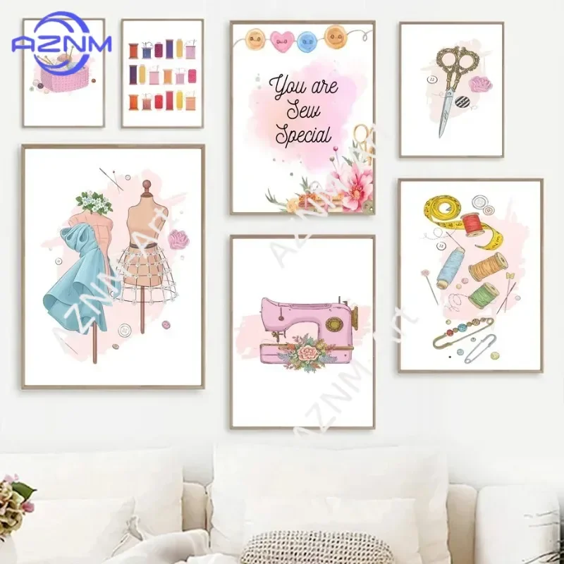 Dress Machine Needle Thread Scissors Beautiful Sewing Wall Art Posters Minimalist Print Canvas Painting for Home Decor