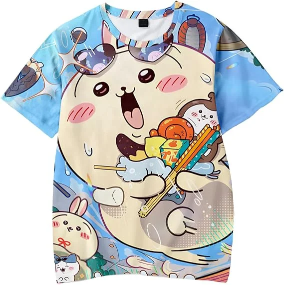 Chiikawa Usagi Hachiware Niedliche Gestapelte Figuren Print T-Shirt Farbiges Kurzarm-T-Shirt Lässiges Unisex Sommer-Oberteil Familien-Set – Detail 3