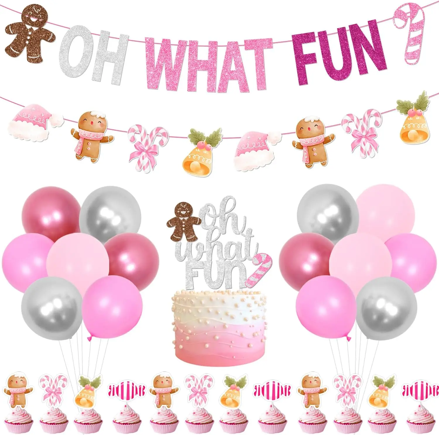 

Kreatwow-Oh What Fun Party Decors Pink Banner Gingerbread Man Santa Balloons, 1st, 2nd, 3rd Birthday Party Supplies