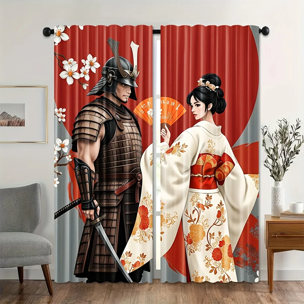Samurai and Geisha Curtains Japanese Traditional Art Print Window Drapes Oriental Theme Home Decor Living Room Bedroom Culturai