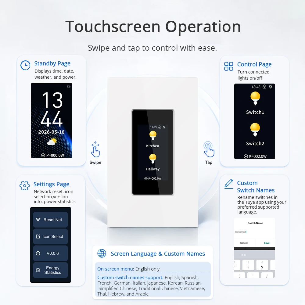 Zemismart Zigbee Smart Touch Screen Switch 2 Gang with Power Statistics Neutral Wire Required Support Home Assistant via Z2M ZHA