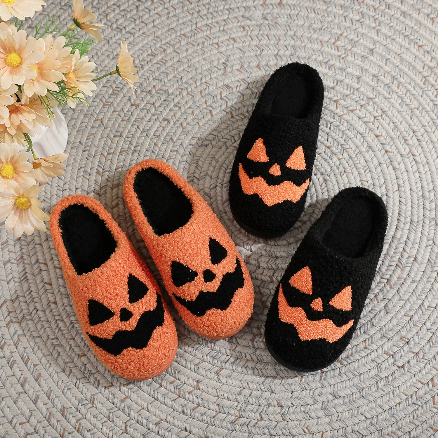 SHAJI Halloween Pumpkin Face Plush Cotton Slippers Unisex Autumn Winter Warm TPR Sole Non‑slip Indoor Home Slippers