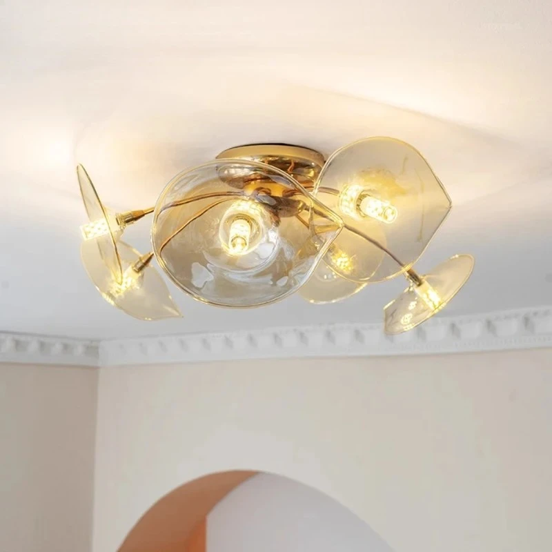 Nordic Minimalist Gold Wrought Iron LED Ceiling Light Glass Lampshade Modern Living Room Kitchen Restaurant Bedroom Hanging Lamp