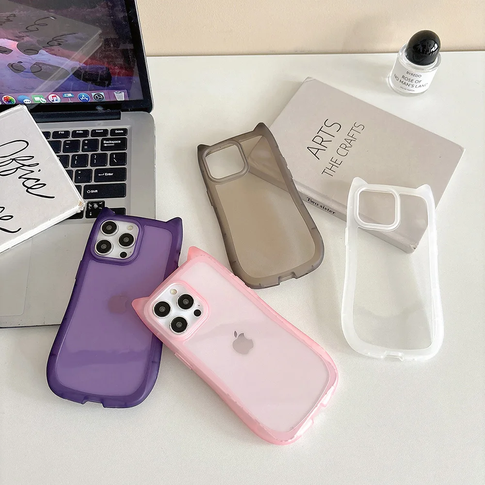 Cute Cat Ear Silicone Phone Case For iPhone 13 Case iPhone 14 15 16 Pro 11 12 Pro Max Shockproof Soft Clear Transparent Cover