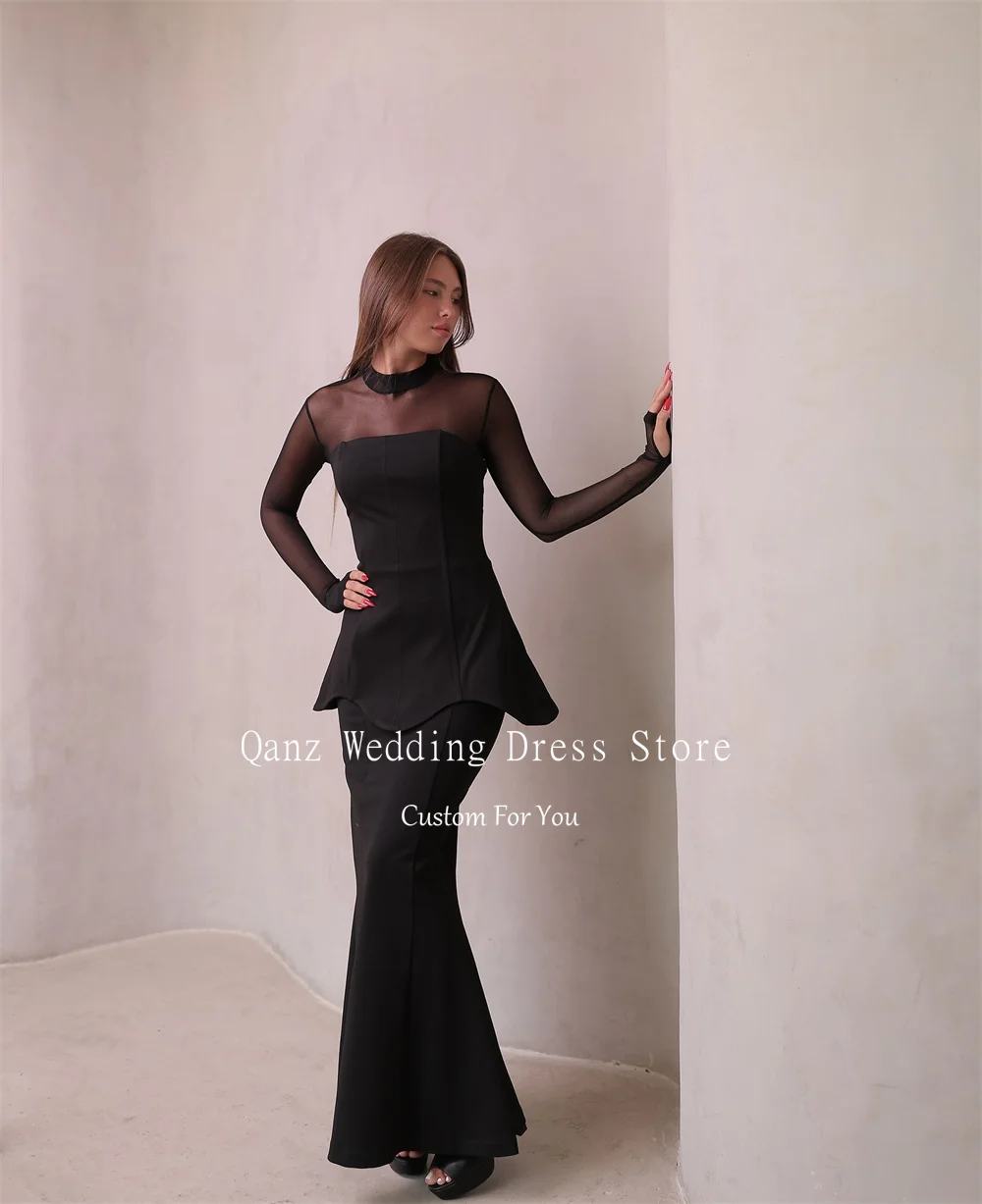 Qanz 블랙 3 피스 세트 이브닝 드레스 인어 쉬어 긴 소매 Vestidos De Fiesta Elegantes O 넥 파티 가운 맞춤형