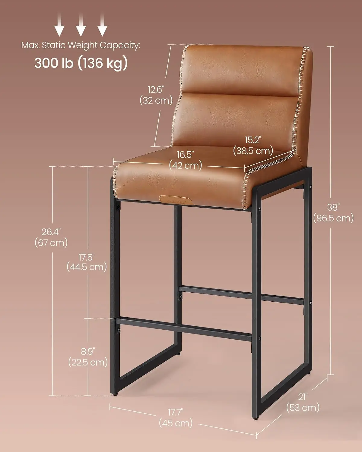 EKHO Collection - Bar Stools Set of 4, Counter Height Stools with Backs, 26.4-Inch Barstools Chairs, Synthetic Leather
