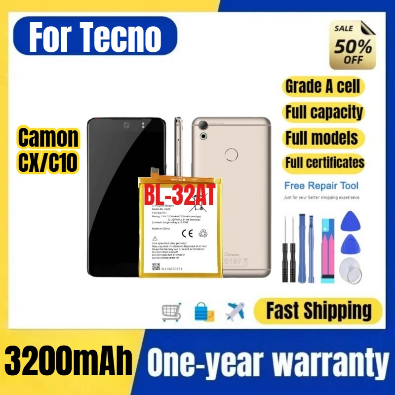 BL-32AT for Tecno Camon CX/C10 Phone Battery High Quality High Capacity Battery Replacement Bateria Grade A Cell with Tools