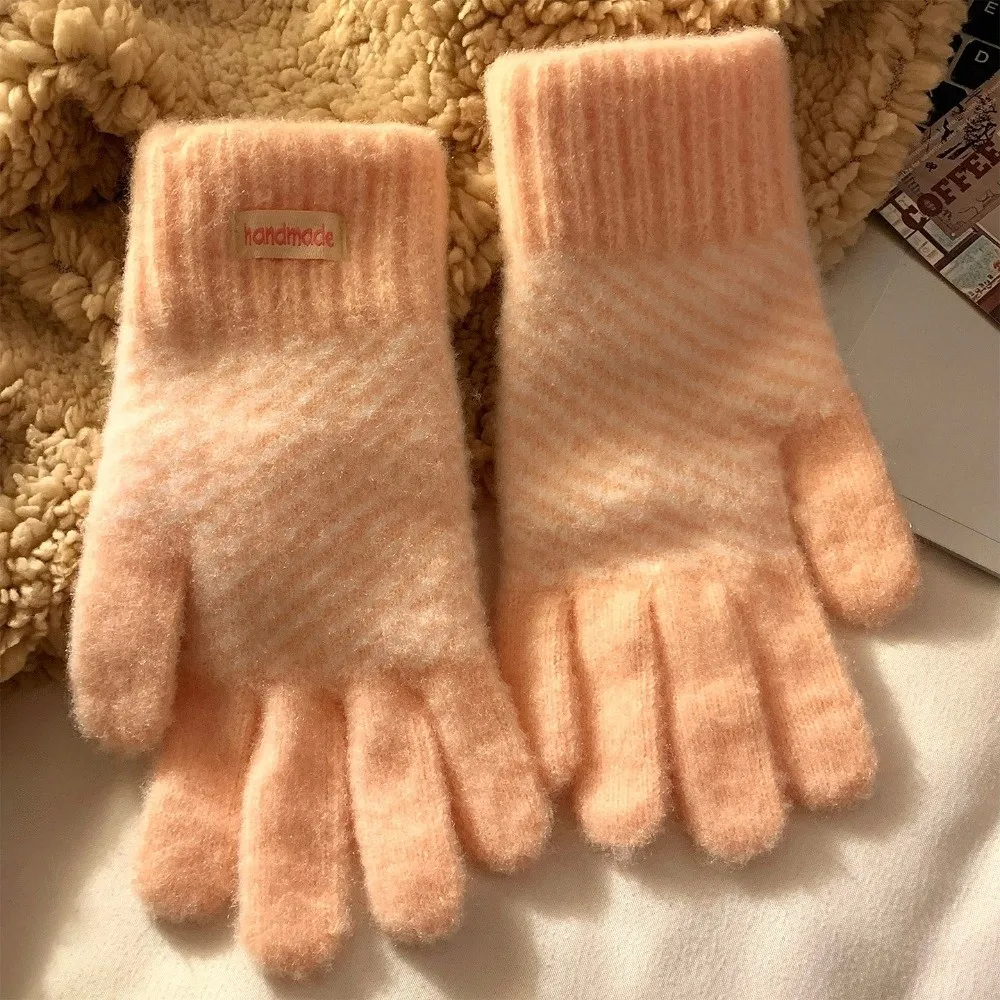Polyester Fuzzy Striped Knitted Gloves Coldproof Five Finger Winter Touch Screen Gloves Warm One Size Thick Fleece Lined Gloves
