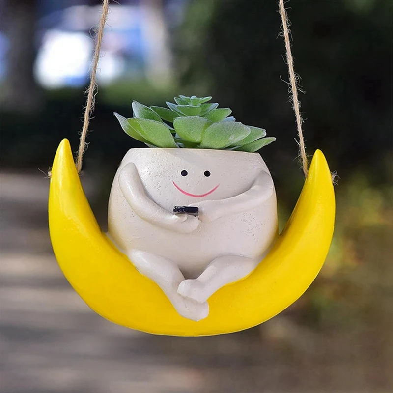 Swing Face Planter Pot Hanging Smile Face Resin Flower Pot For String Of Pearl Plant Live Indoor Outdoor Plants