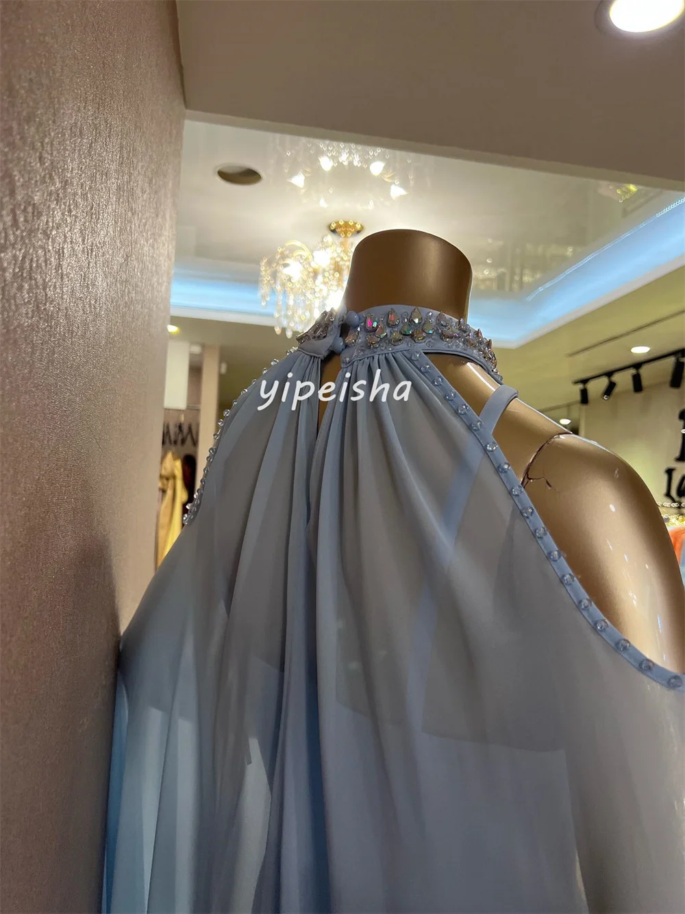 Элегантный трикотаж высокого качества по индивидуальному заказу со стразами, плиссированные колонны с высоким воротником, платья чайной длины, классические платья на заказ