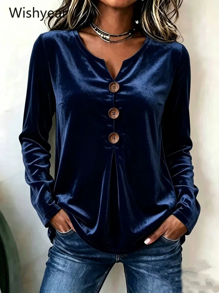 Women Summer Red Velvet Long Sleeve Top V-Neck Button Detail Pleated Front Loose Fit Blouse T-Shits for Beach Holiday Streetwear