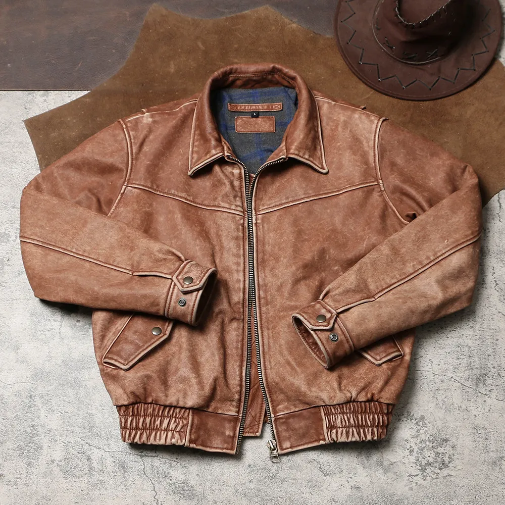 

Retro Genuine Leather Jacket, Hong Kong Relaxed Fit Distressed Leather Coat, Lapel Movable Shoulder Soft Cowhide Outerwear