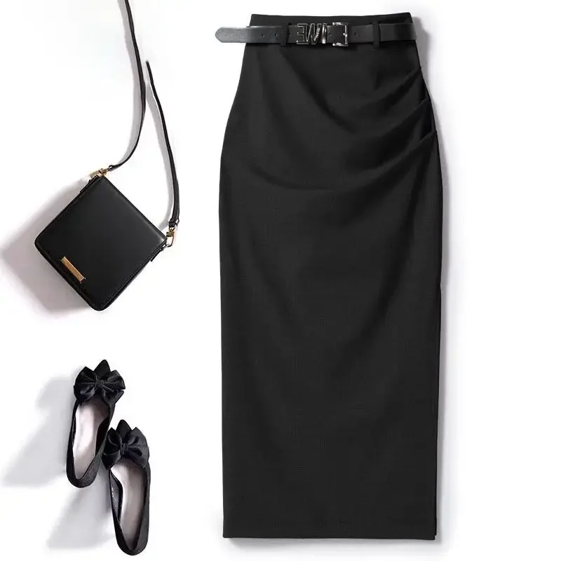 

2025 New Spring High-end Solid Straight Half-length Long Skirts Korean Fashion Wrinkled Belt Waist Slimming Wrapped Hip Skirt