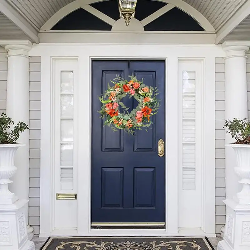 Thanksgiving Wreaths For Front Door 20-Inch Door Wreath Adorned With Pink Orange Flowers Halloween Decor Fall Home Accents