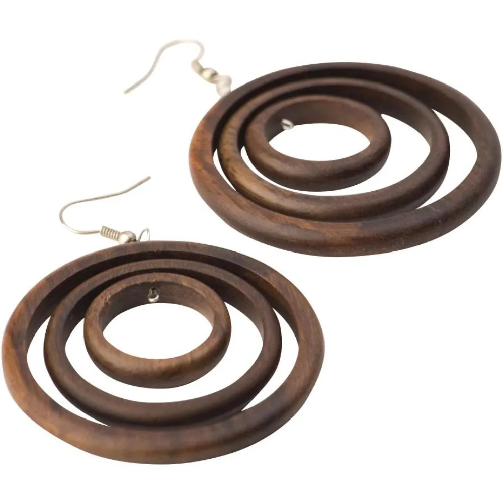 

Large Round Brown Wood Dangle Earrings Handmade with Sterling Silver Hooks for Women