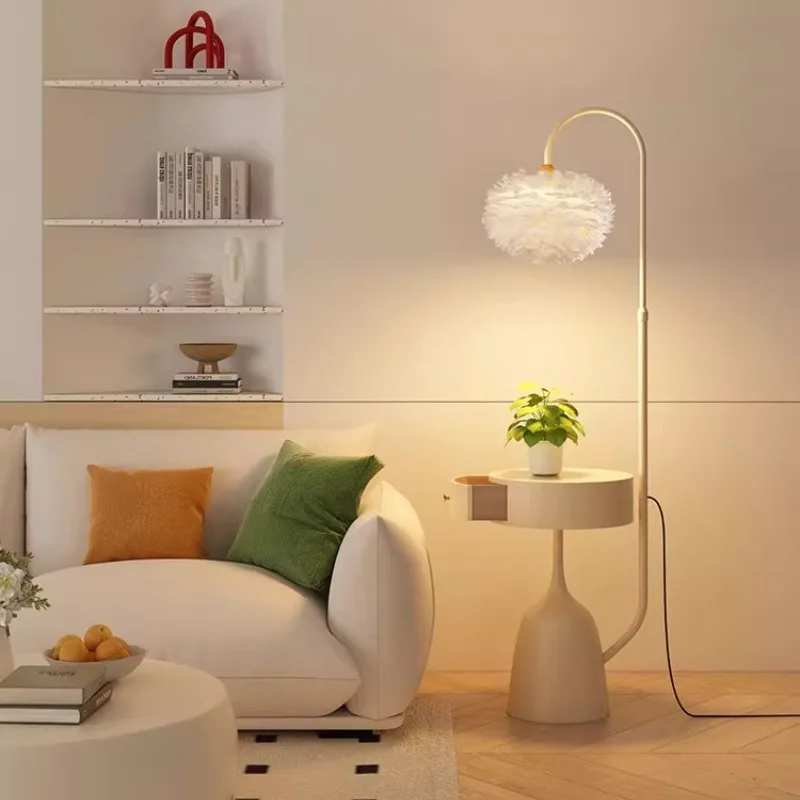 Feather USB Wireless Charging Floor Lamps Storage Rack Integrated Living Room Atmosphere Sofa Side Bedroom Bedside Table Lamp