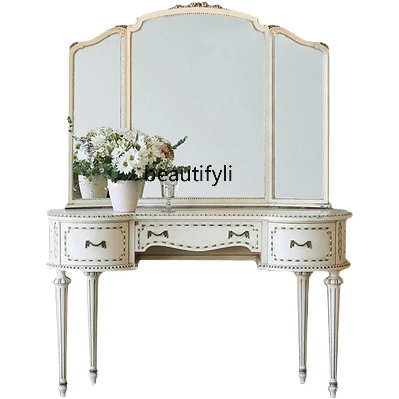 

European-Style Retro Dresser Solid Wood Distressed Carving American Light Luxury Dresser Ivory White furniture