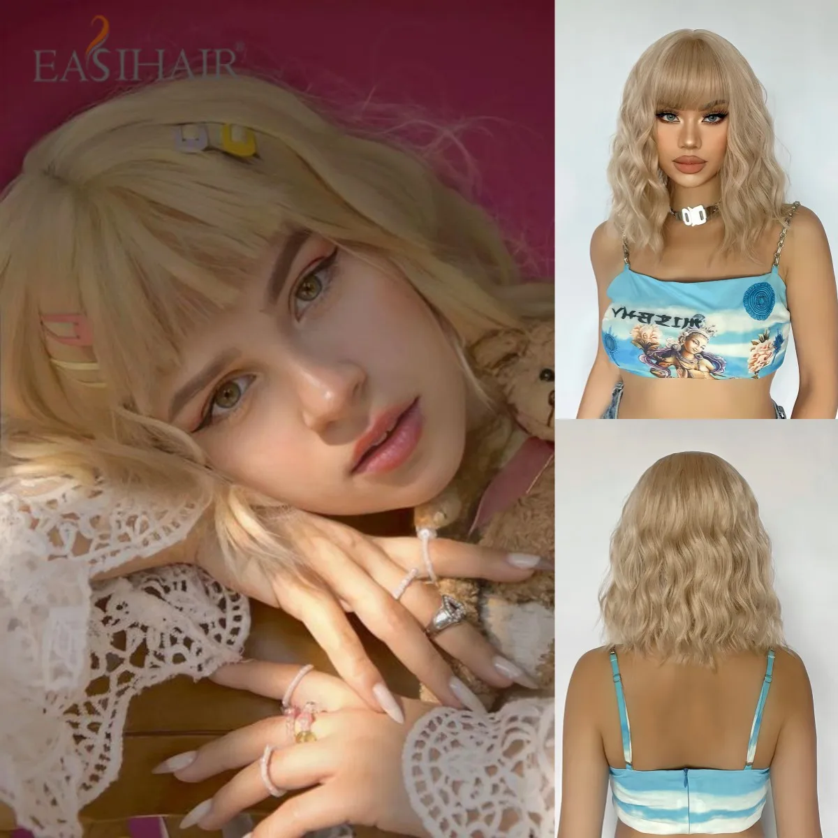 EASIHAIR Blonde Synthetic Wigs with Bangs Long Straight Natural Hair Wigs for Women Daily Cosplay Wig Heat Resistant Fiber