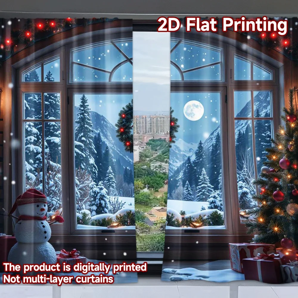 2 قطعة 2D الطباعة المسطحة عيد ميلاد سعيد نافذة الستائر شجرة عيد الميلاد سانتا كلوز الثلوج والقمر ليلة دائم 100% البوليستر