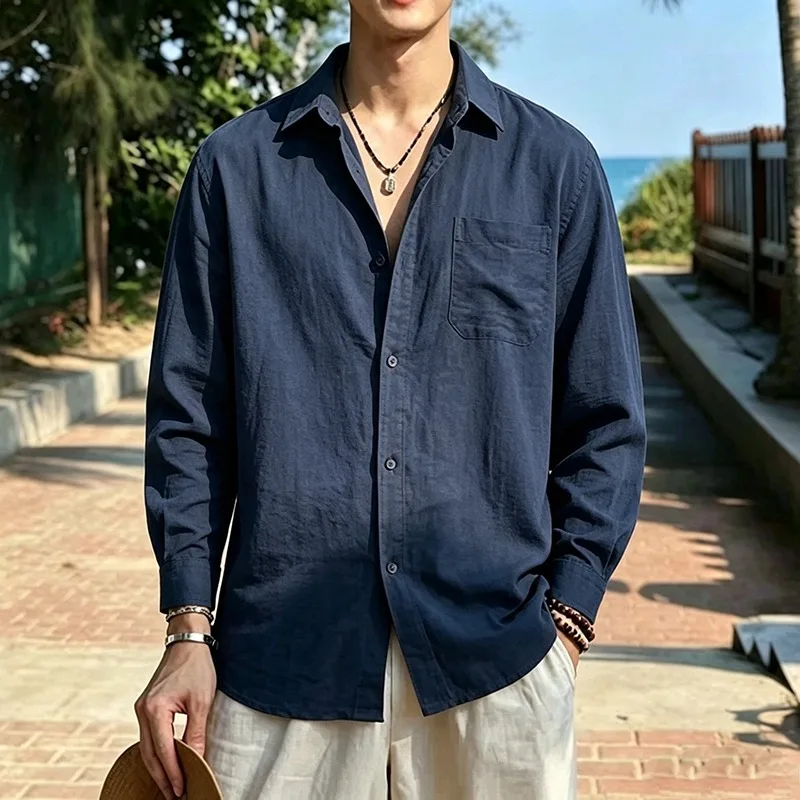 Vintage Style Loose Long Sleeve Shirt Men's Casual Solid Color Shirt for Spring and Autumn Commuting Top.
