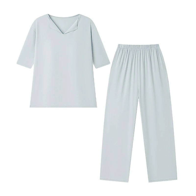 Spring and Summer New Loungewear Women's Mulberry Silk Medium-sleeved Trousers Loose Suit Solid Color Pajamas with Chest Pads