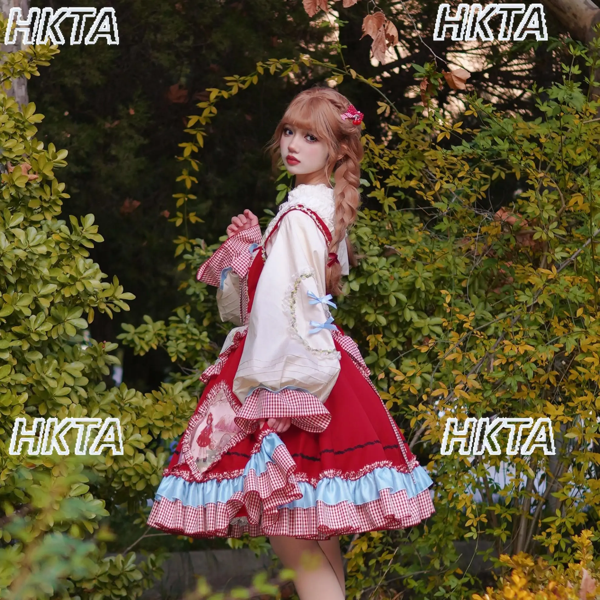 

Lolita Sweet Cute Half Turtleneck Lantern Long Sleeve Shirts Top Women Summer Kawaii Ruffle Red Suspender Dresses Sets Female
