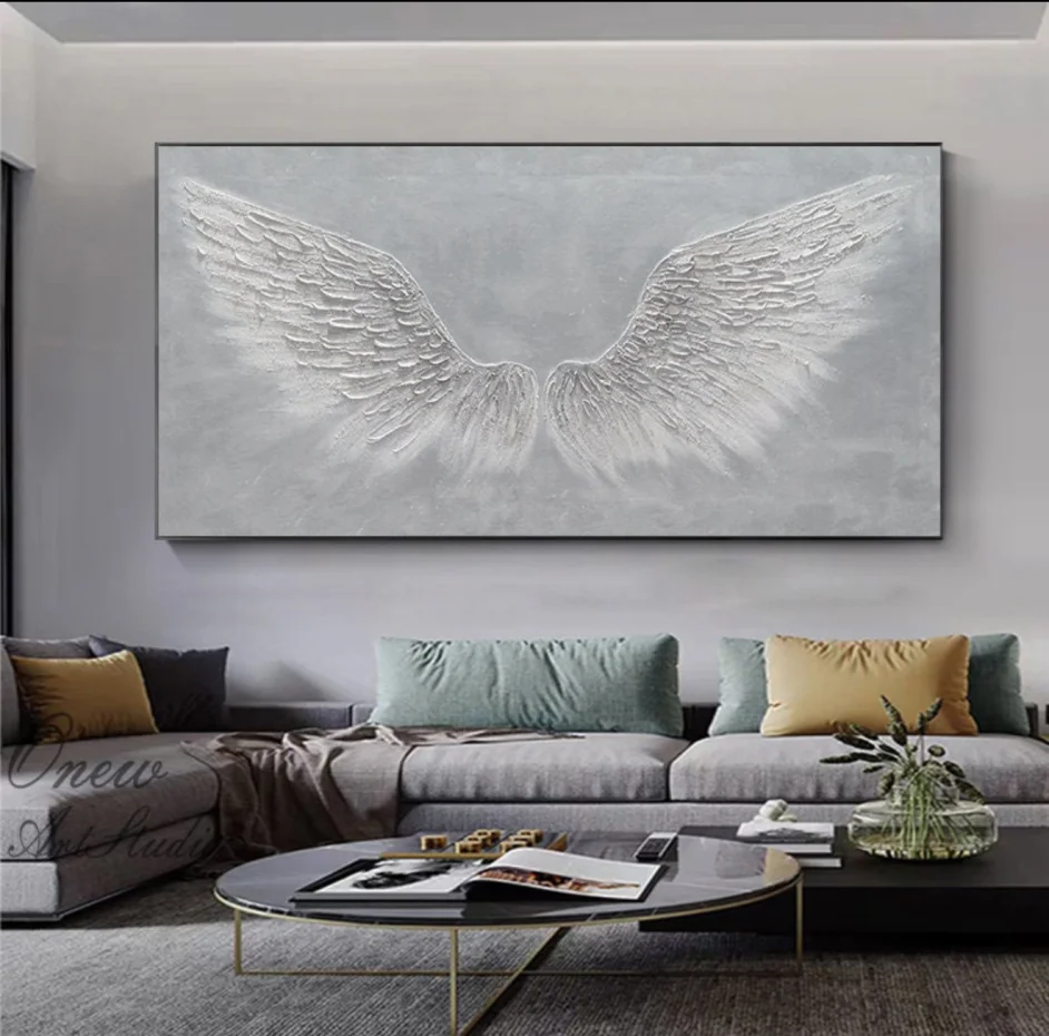 

Modern 3D Texture Wabi Sabi White Abstract Handmade Angle Wing Minimalist Oil Painting on Canvas Home Living Room Wall Art Decor