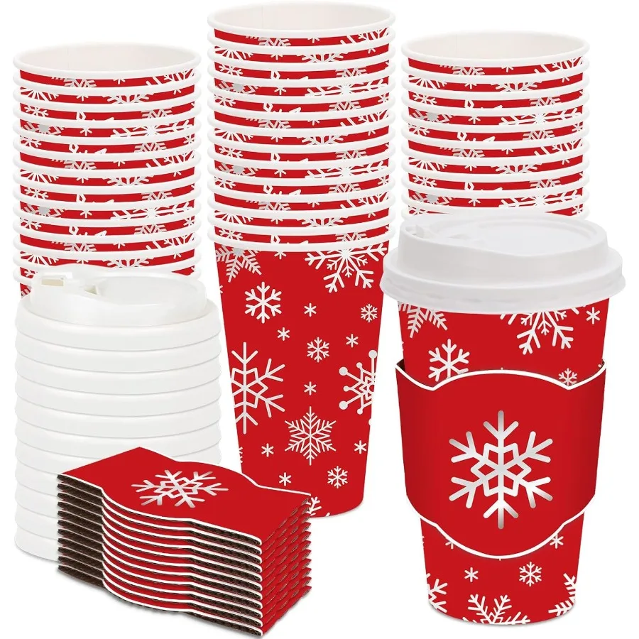 

48 комплектов одноразовых кофейных чашек с рождественскими снежинками и крышками и рукавами, красные, серебряные бумажные стаканчики со снежинками для рождественской зимы