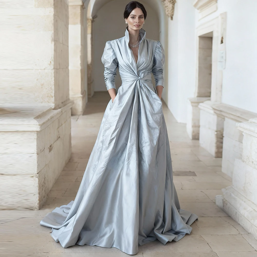 

Modern Satin A-Line Customized Evening Dress V-Neck Long Sleeves Pleats Special Occasion Gowns Sweep Train Homecoming Dresses