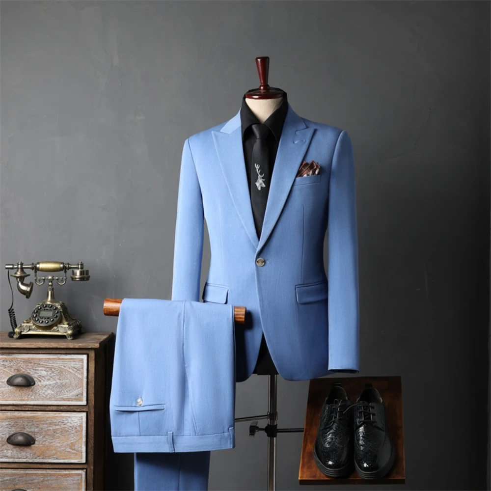 High Quality Formal Suit Set For Men Decent Solid Color Blazer Pants Business Groom Dancing Outfit Single Breasted Slim Tuxedo