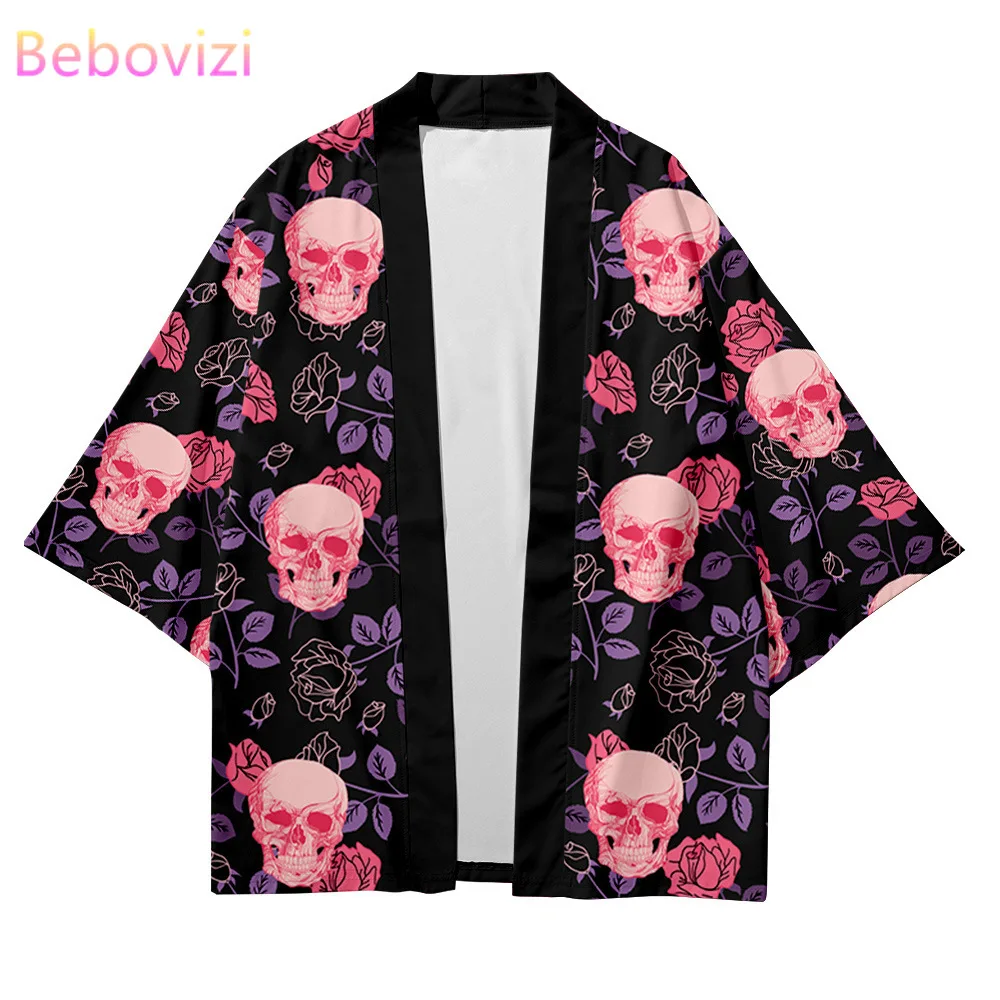 Plus Size 5XL Skull Rose Fashion Beach Japanese Kimono Kimetsu No Yaiba Robe Cardigan Men Shirts Yukata Haori Women's Clothing