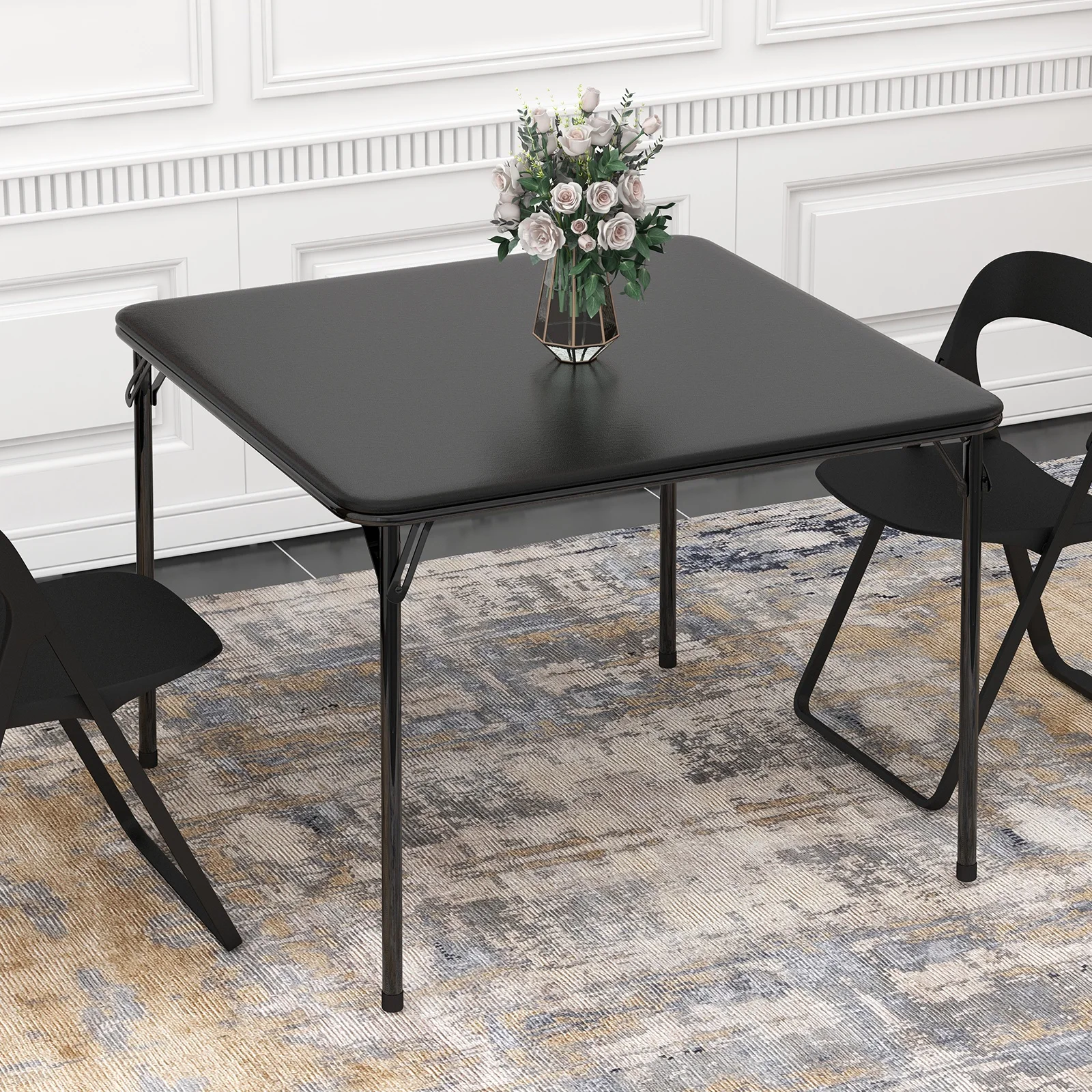 37 Inch Folding Square Card Table for 4 People, Portable Upholstered Foldable Game Table, Metal Frame Black Dining Table for Camping Picnic Home Party