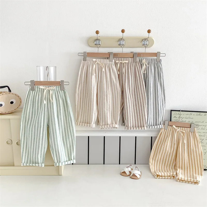 Men's and Women's Striped Strap Casual Pants Loose and Comfortable Children's Thin Hemp Cotton Pants Summer Baby Mosquito Pants