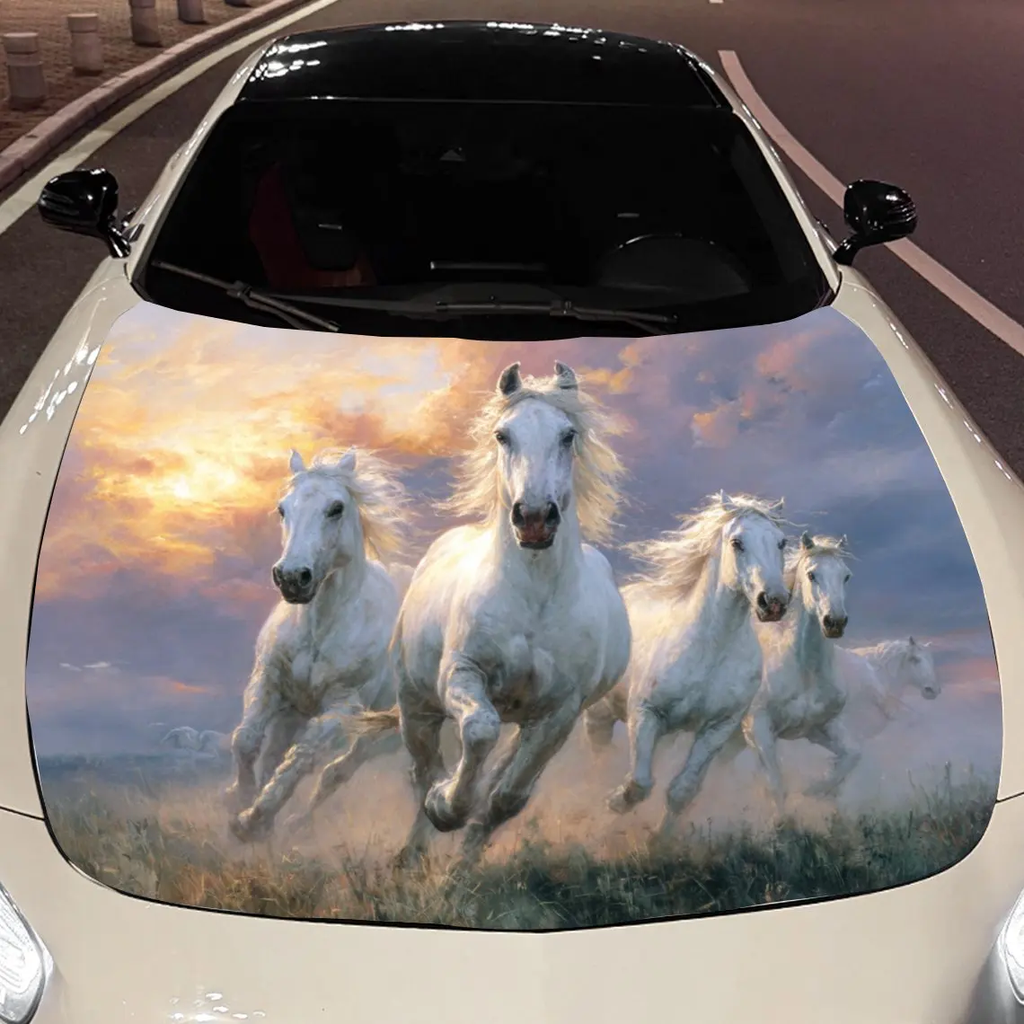 Car Decals White Horses Running in Sunset Field Car Hood Sticker, Waterproof Self - Adhesive Vinyl Graphics Decals, Decorative P