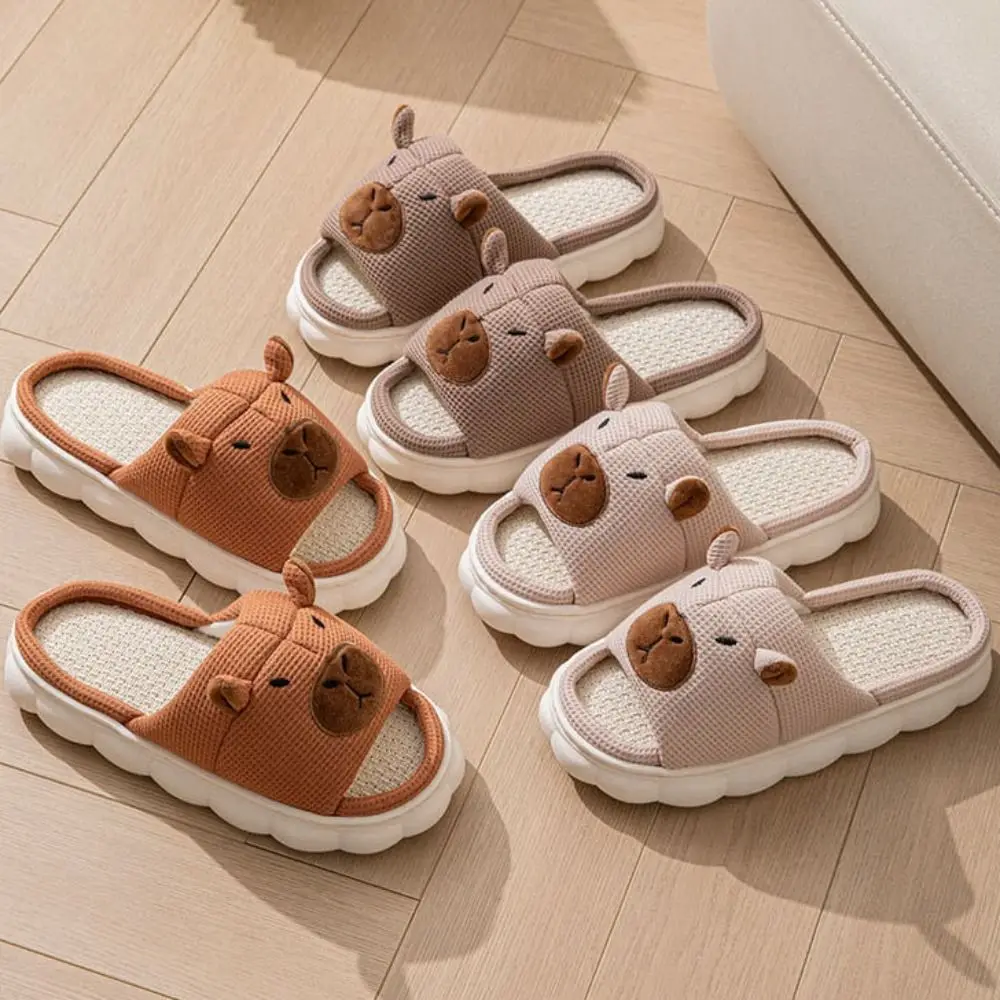 Soft Warm Capybara Slippers Cartoon Home Wear Shoes Capybara Linen Slippers Silent Thick Sole Winter Capybara Slides Girls