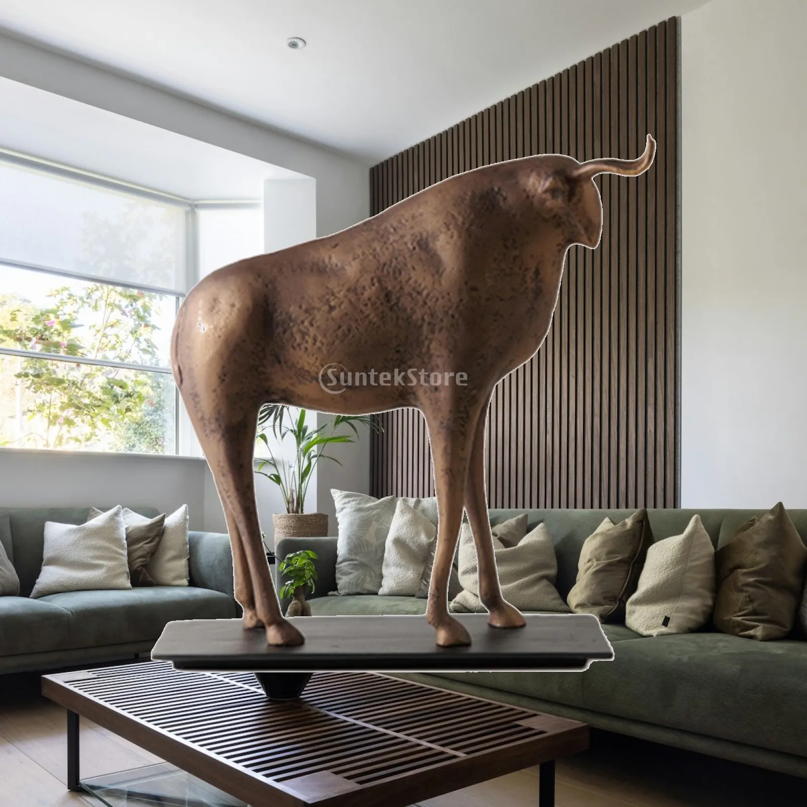 Bull Sculpture Bronze-Look Bull Statue Sculpture with Base Abstract Figurine Antique-Inspired for Home Decorators, Living Room