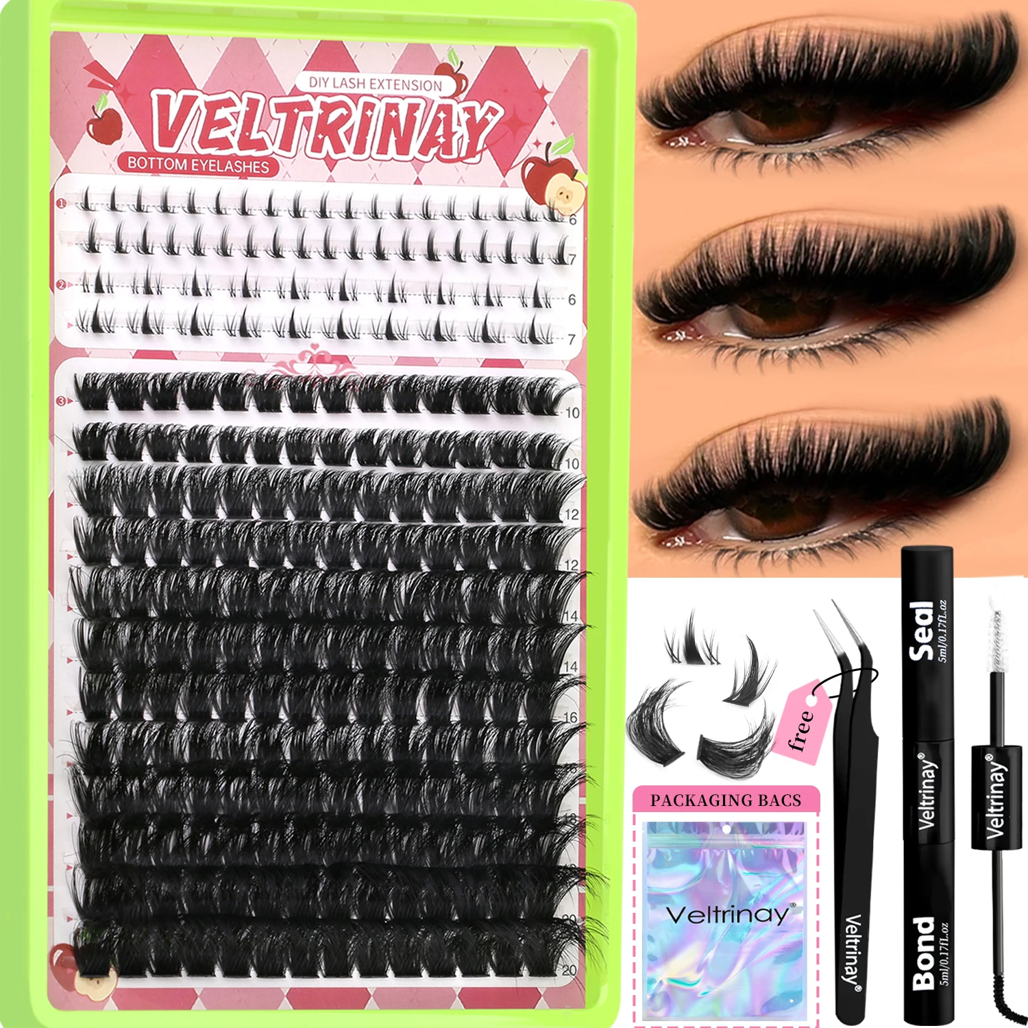 VELTRINAY 250pcs 3 Types Mixed D-Curl Cluster Lashes Kit Large Capacity Mixed Bottom Lashes + Spiky Lashes Extension Set