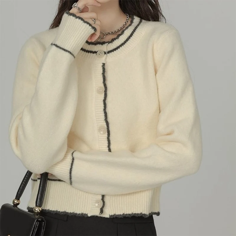 

Autumn New High Stretch Warm O-Neck Knitted Cardigan Contrast Color Patchwork Button Sweater Coat Korean Simple Lightweight Tops