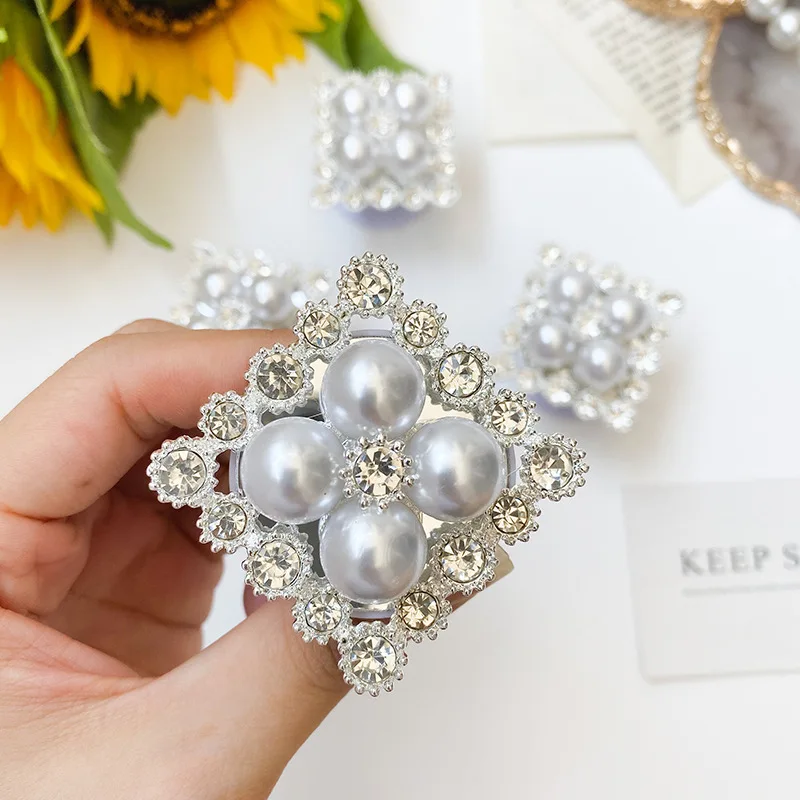 

Ins Electroplated DIY Rhinestone Pearl Square Phone Stand for Iphone Griptok Adhesive Extendable Cushion Support Bracket Holder